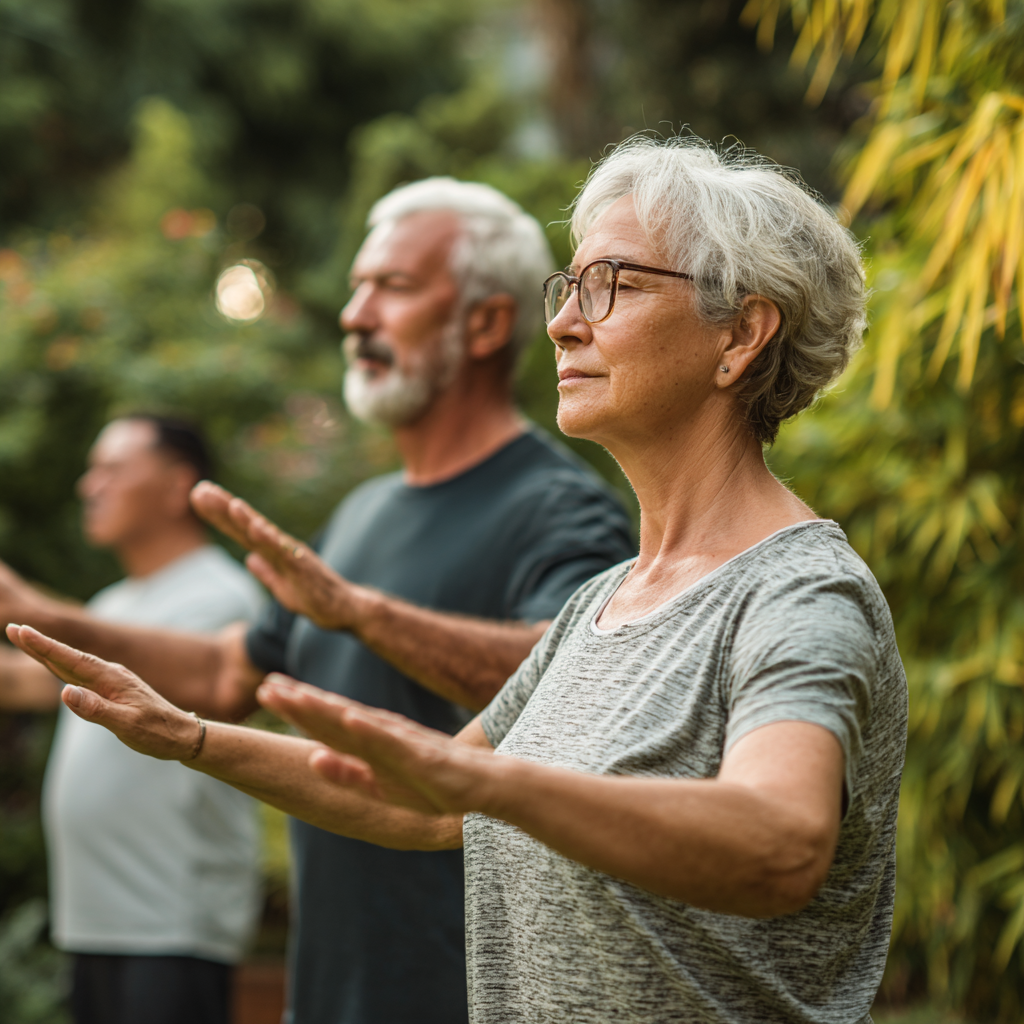 Middle-aged adults practicing gentle movement exercises in natural setting