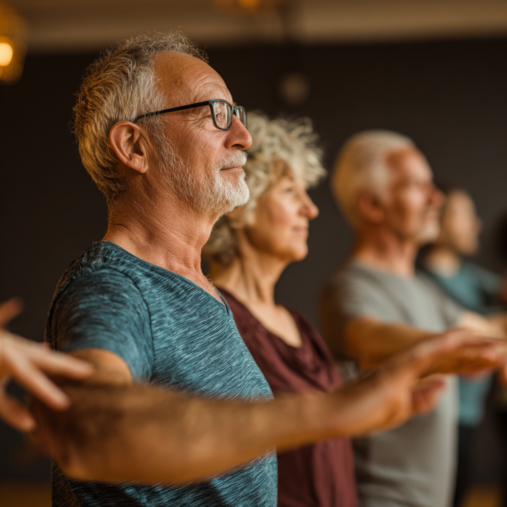 Middle-aged and older adults in peaceful recovery setting showing natural movement