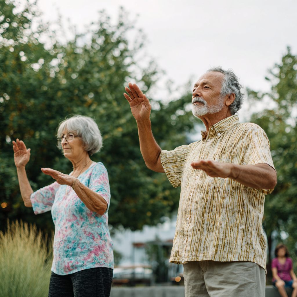 Older adults engaging in natural movement activities outdoors